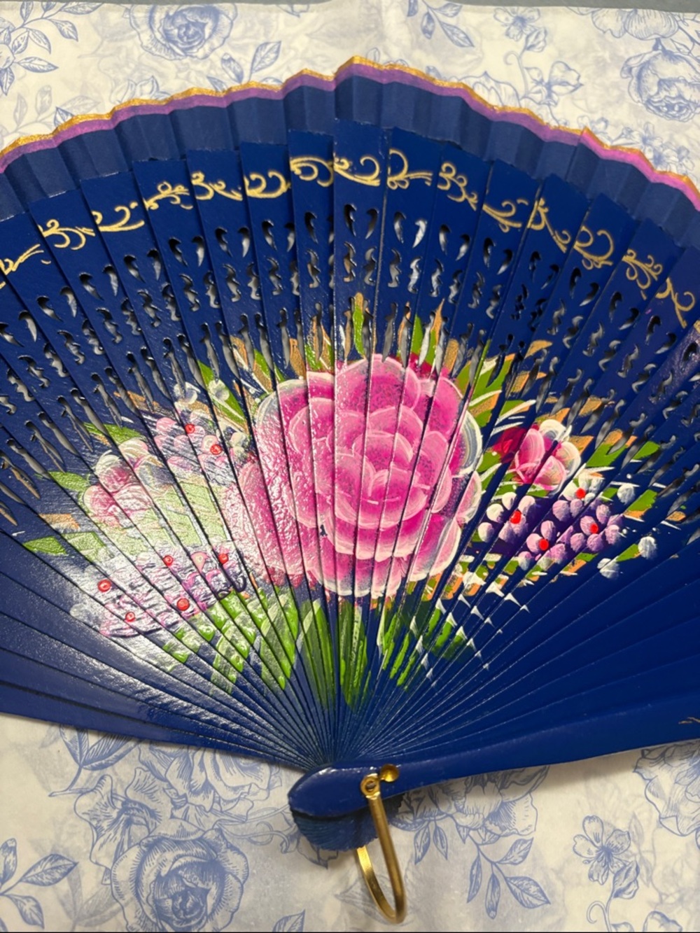 Hand Painted Blue Folding Fan with Pink Floral Design
